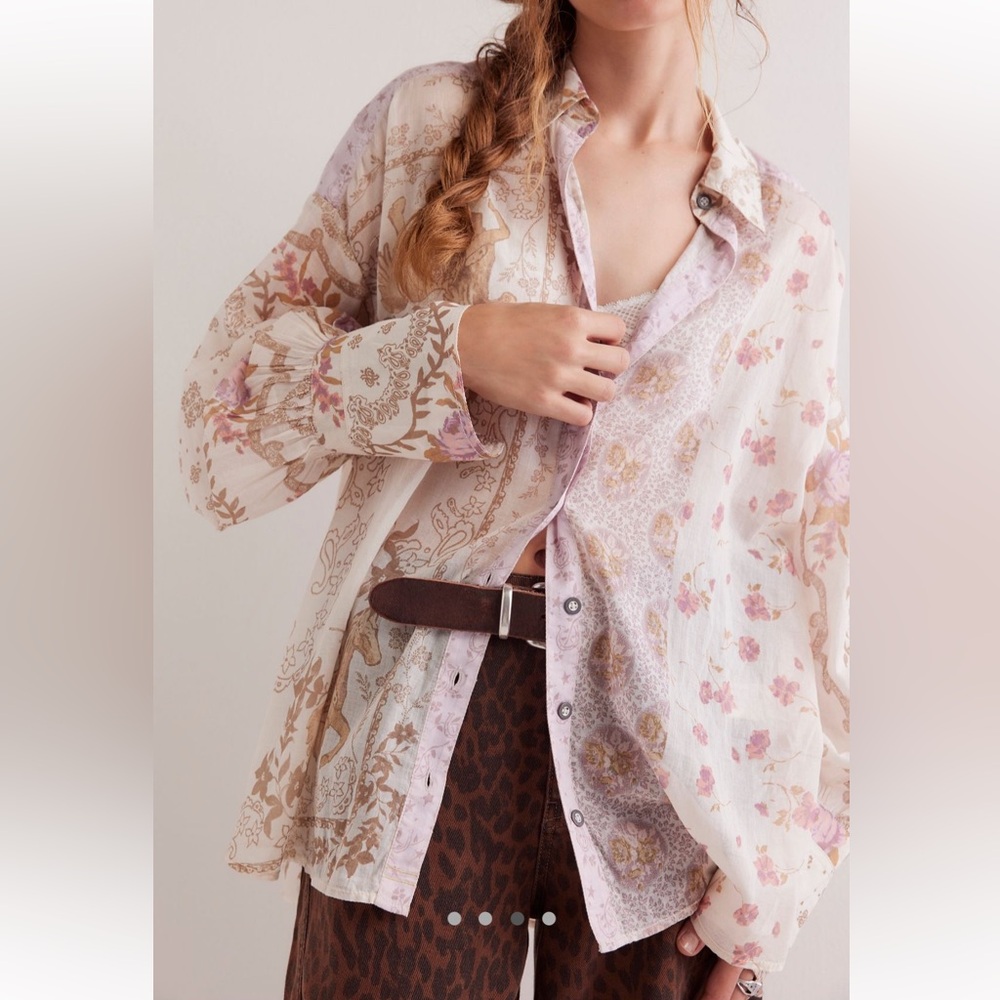 We The Free Sheer Floral Button-Down Shirt in Cream and Pink